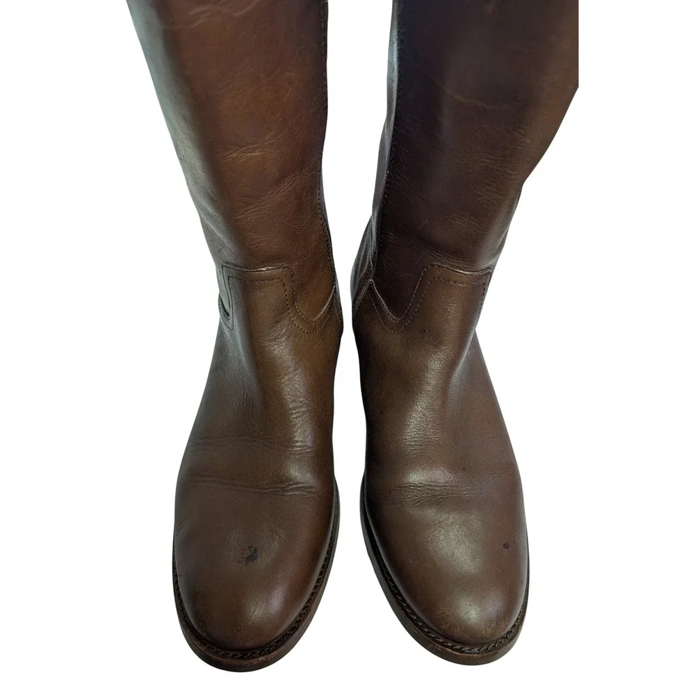 Tory Burch Kiernan Riding Boots Gold Logo Equestrian Preppy Leather Brown 10